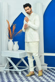 White Jamawar Boti Embroidered Prince Coat For Men