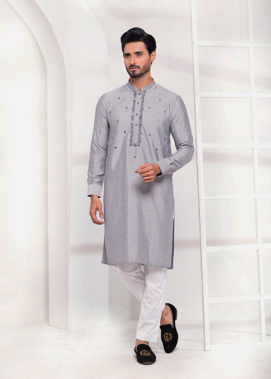Grey Color Raw Silk Mirror Embroidered Kurta Pajama For Men