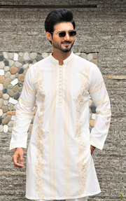 White Color Golden Embroidered Kurta Pajama For Men