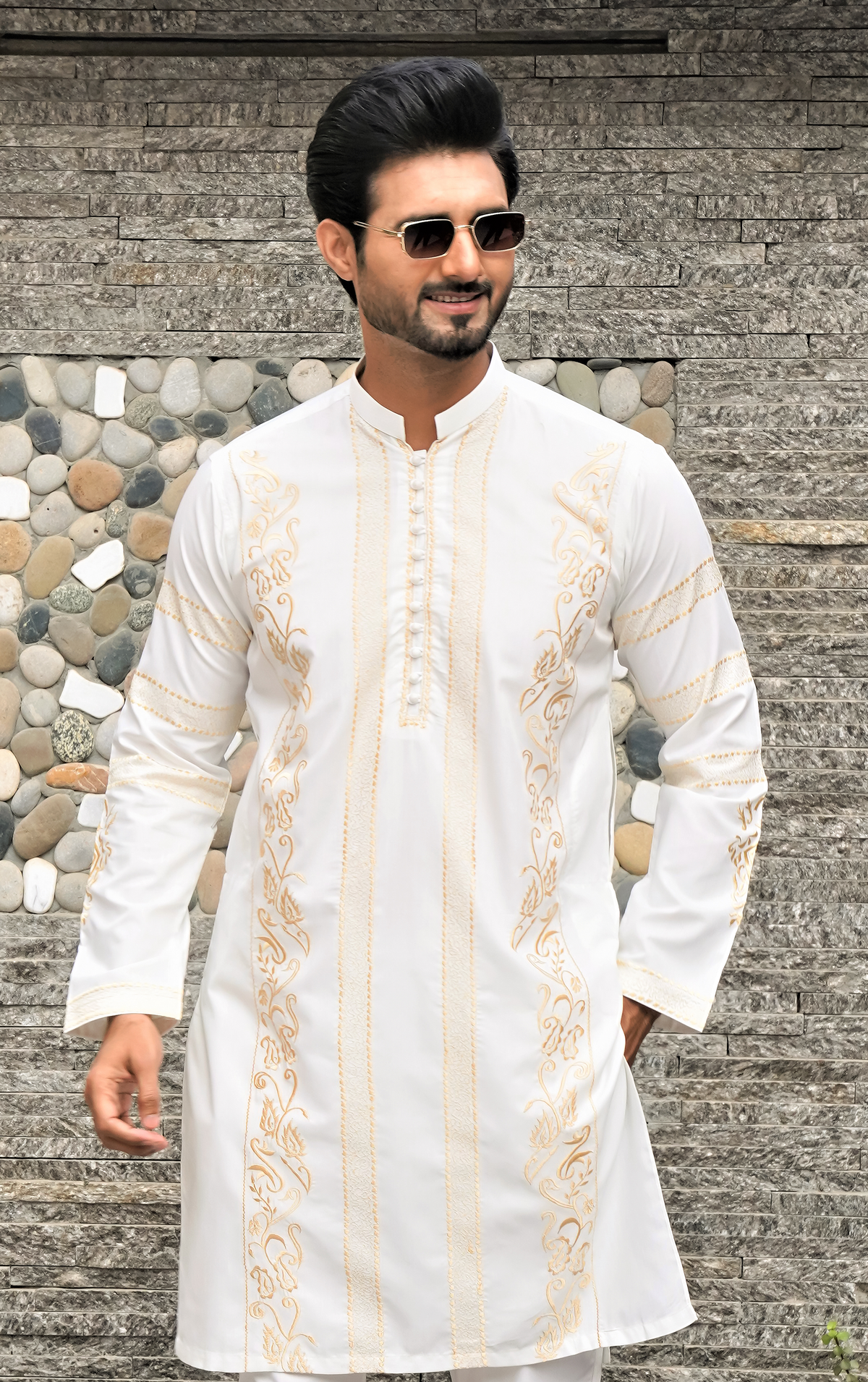White Color Golden Embroidered Kurta Pajama For Men