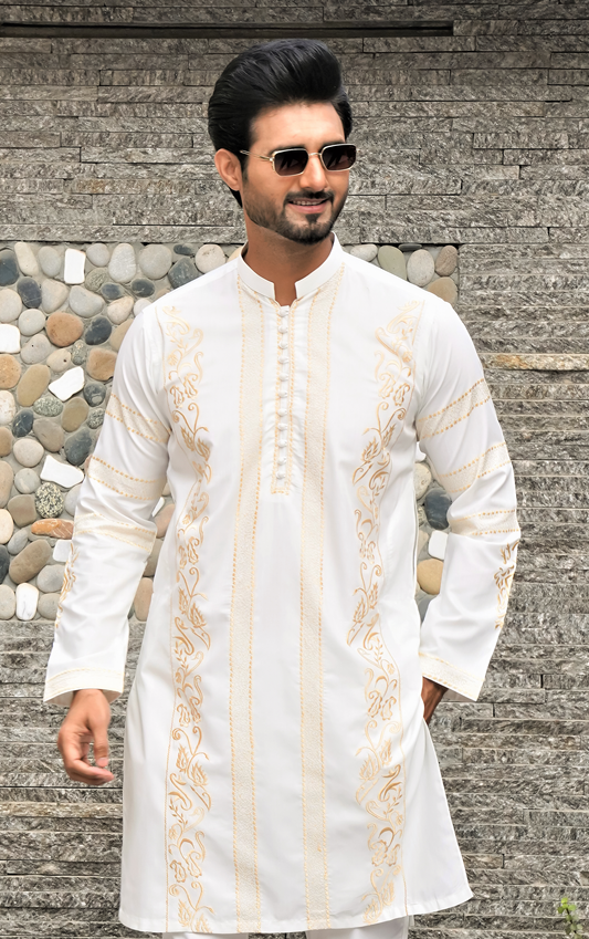 White Color Golden Embroidered Kurta Pajama For Men