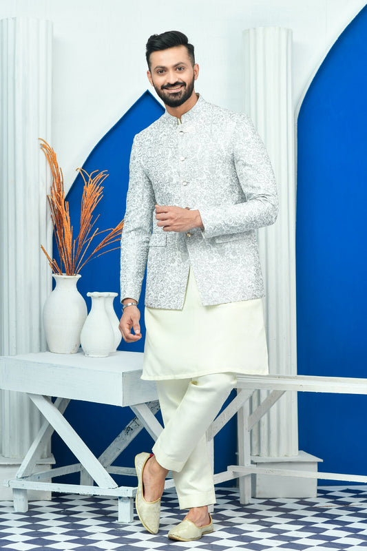 White & Silver Zari Work Embroidered Prince Coat For Men