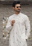 White Color Motifs Embroidered Kurta Pajama For Men