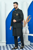 Black Exclusive Tropical Checkered Embroidered Prince Coat For Men