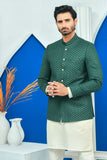 Green Color Diagonal Embroidered Prince Coat For Men