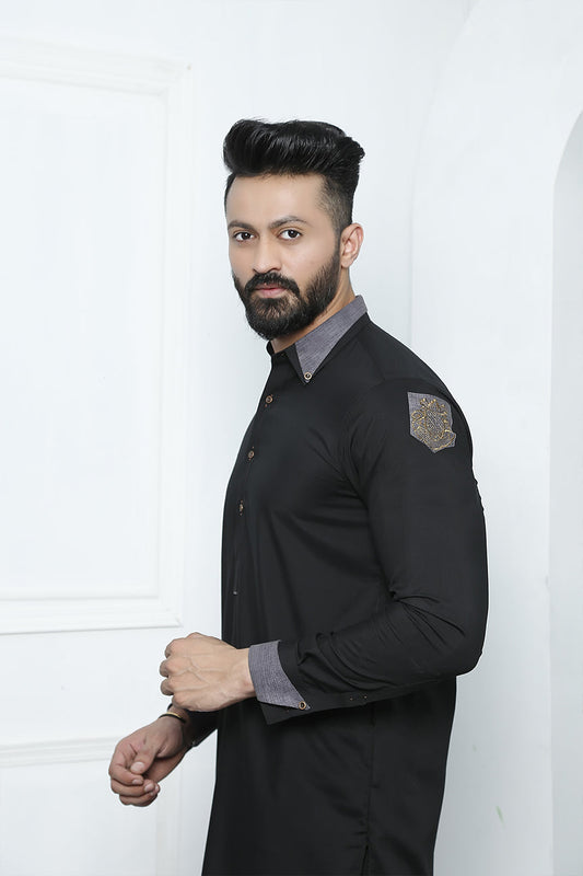 Black Color Cut Collar Embroidered Kurta Pajama For Men