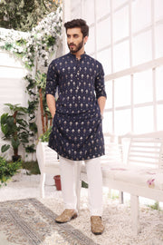 Blue Color Mirror Embroidery Self Cotton Fabric Kurta Pajama For Men