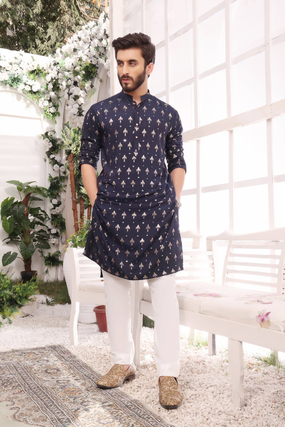 Blue Color Mirror Embroidery Self Cotton Fabric Kurta Pajama For Men