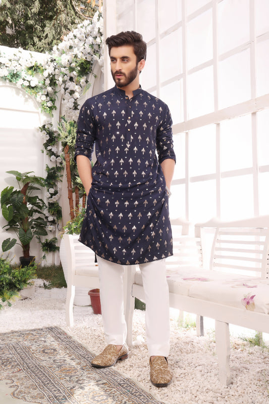 Blue Color Mirror Embroidery Self Cotton Fabric Kurta Pajama For Men