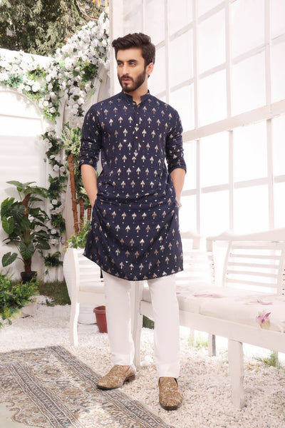 Blue Color Mirror Embroidery Self Cotton Fabric Kurta Pajama For Men