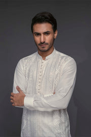 White Color Geometric Embroidered Front Open Design Kurta Pajama For Men
