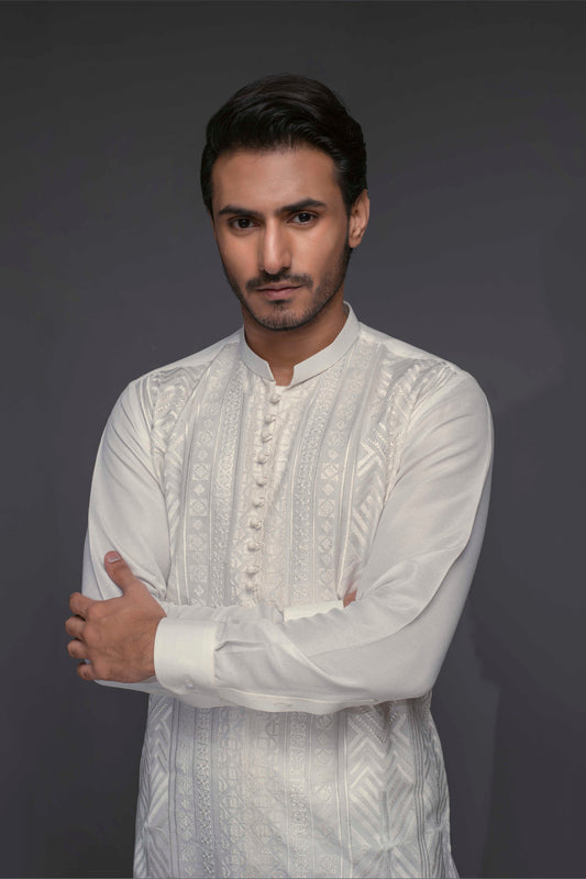 White Color Geometric Embroidered Front Open Design Kurta Pajama For Men