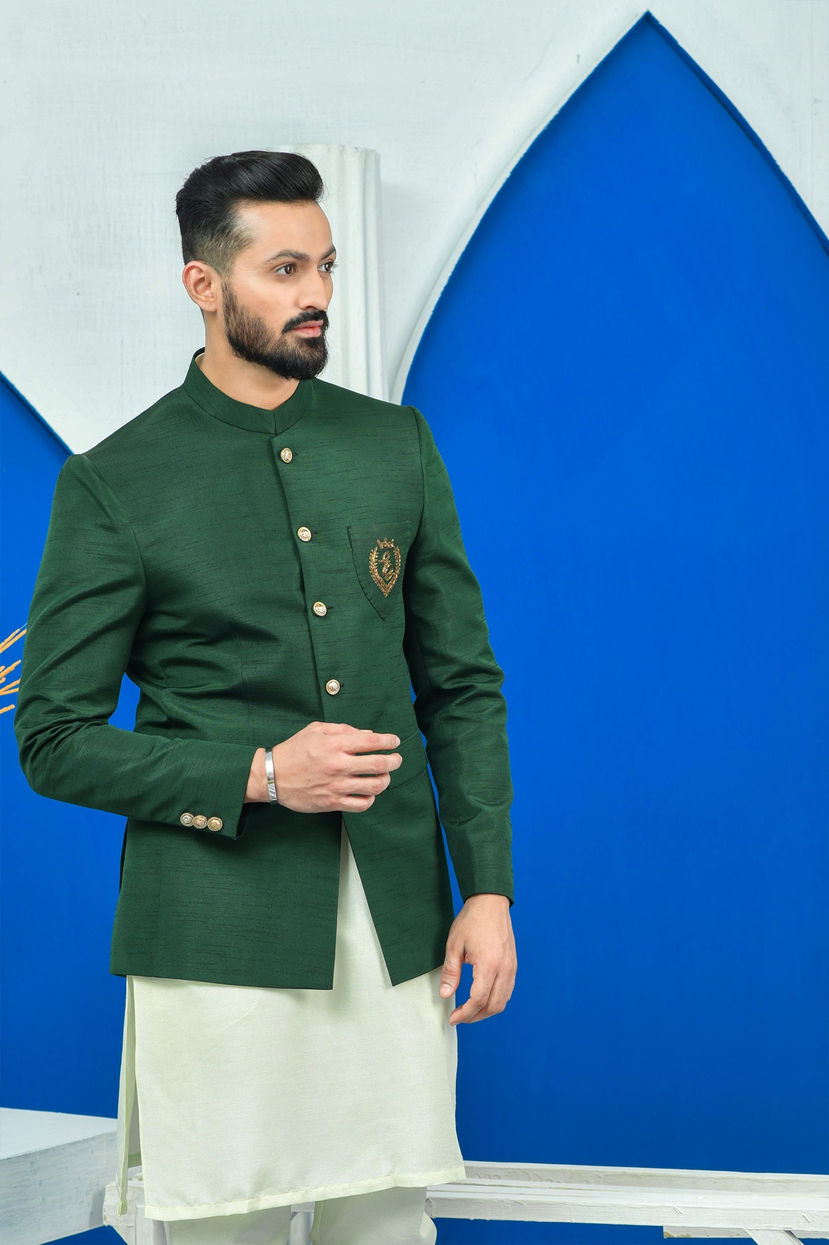 Green Color Raw Silk Embroidered Prince Coat For Men