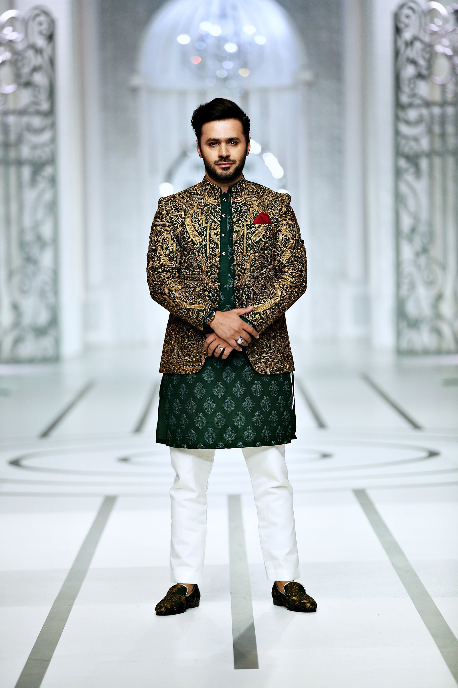 Green Color Copper Embroidered Prince Coat For Men