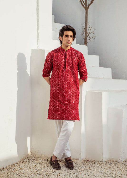 Red Chanderi Kurta Pajama – Elegant & Luxurious For Men