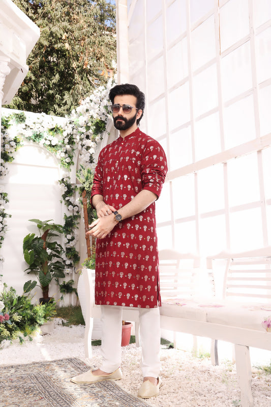 Red Mirror Embroidery Self Cotton Fabric Kurta Pajama For Men
