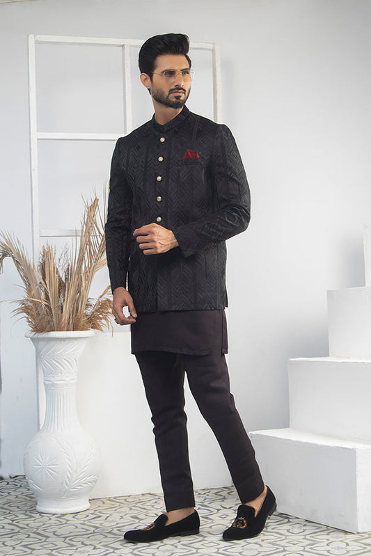 Black Color Block Embroidered Prince Coat For Men