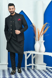 Black Diagonal Embroidered Prince Coat For Men