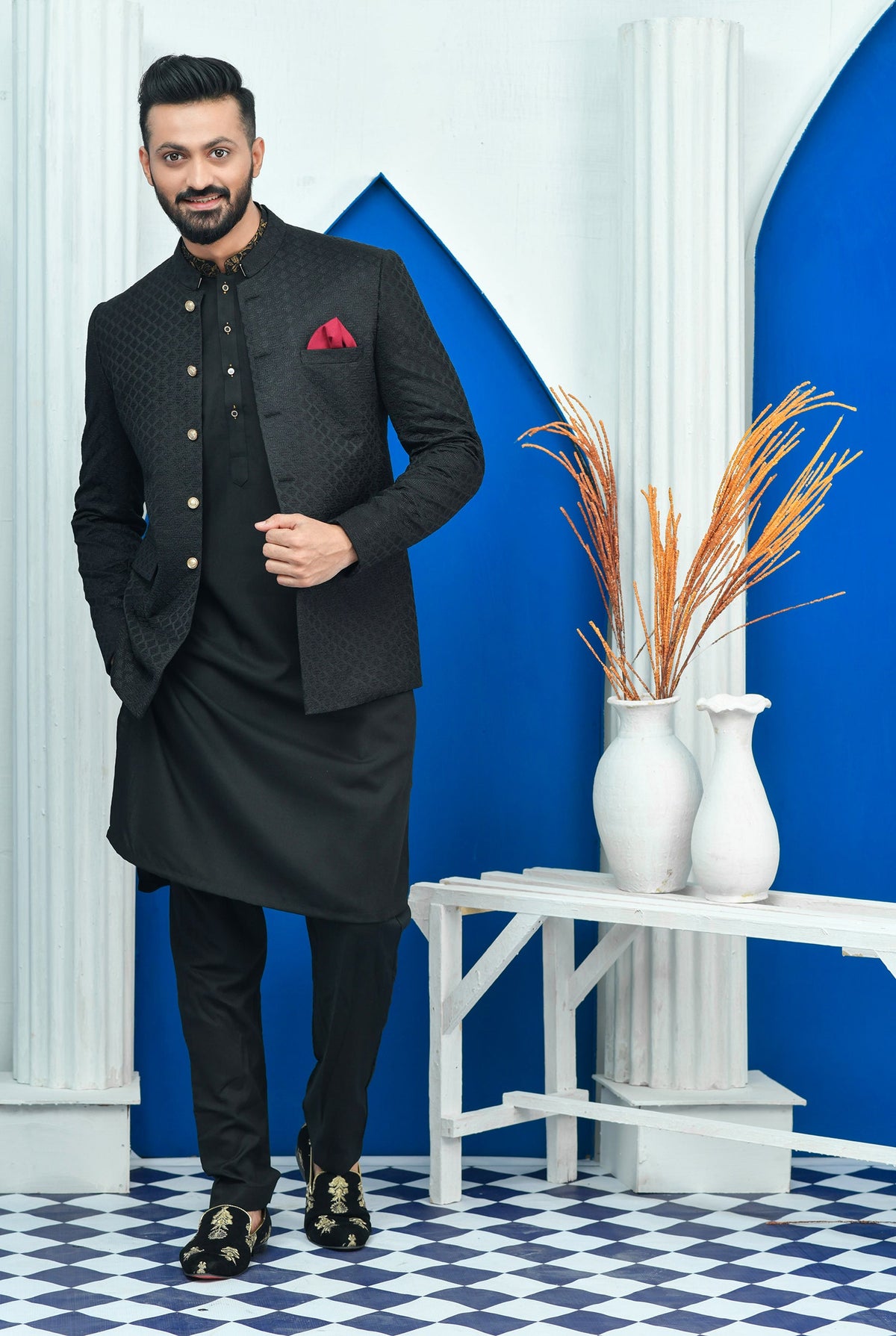 Black Diagonal Embroidered Prince Coat For Men