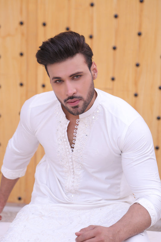 White Color Mirror Work Embroidery Loop Botton Kurta Pajama For Men