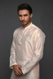 Golden Color Raw-Silk Embroidered Kurta Pajama For Men