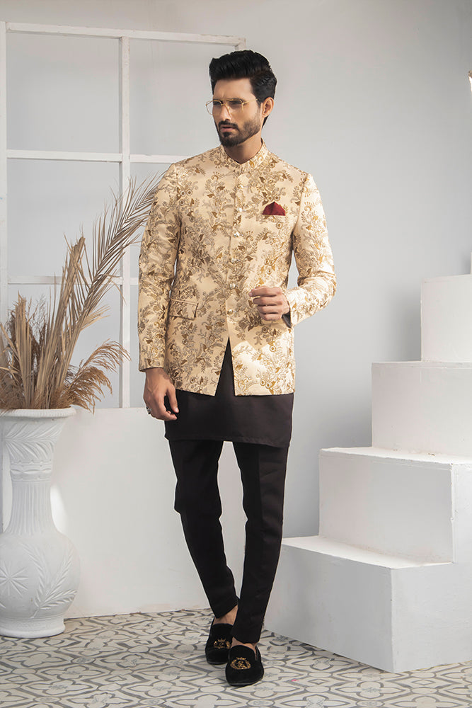 Cream Color Floral Embroidered Prince Coat For Men
