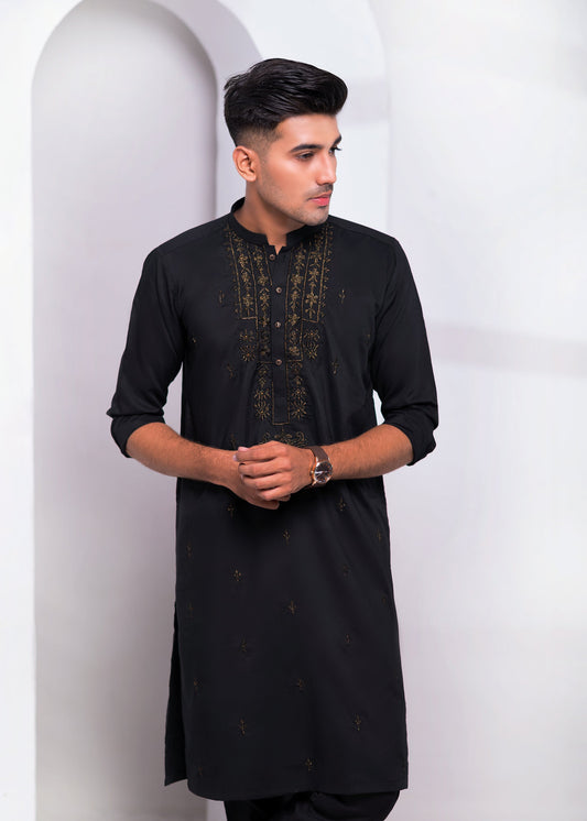 Black Color Zari Embroidered Kurta Pajama For Men