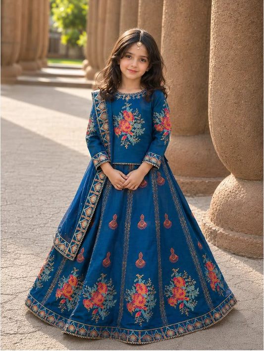 Elegant Block Printed Raw Silk Lehenga Choli For Girls