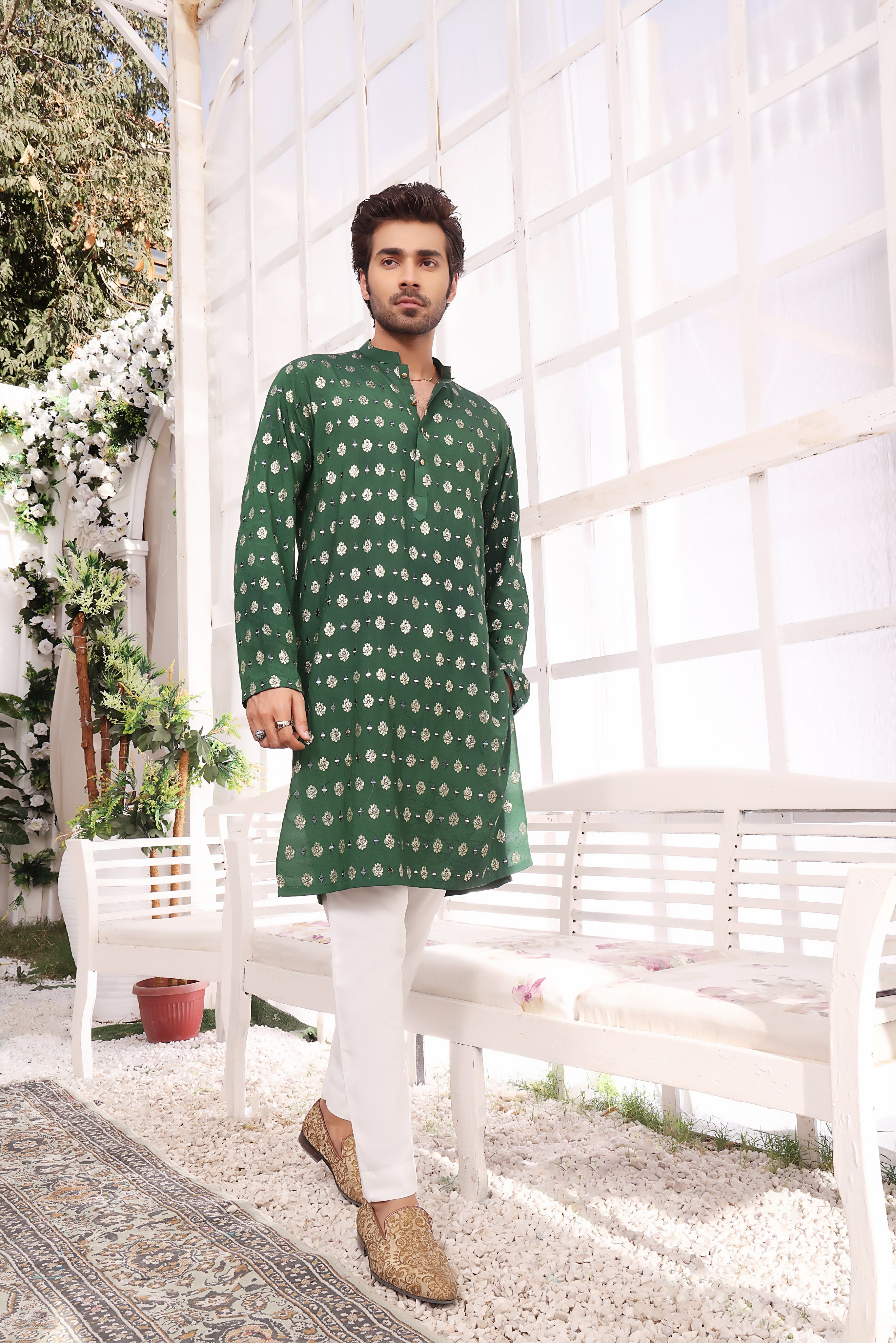 Green & White Color Mirror Embroidery Self Cotton Fabric Kurta Pajama For Men