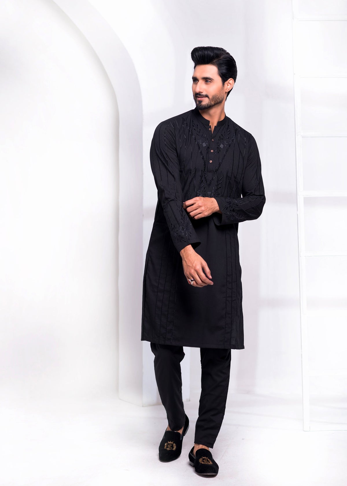 Black Color Wash & Wear Resham Embroidered Kurta Pajama For Men