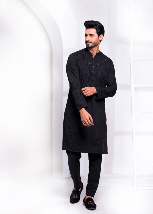 Black Color Wash & Wear Resham Embroidered Kurta Pajama For Men