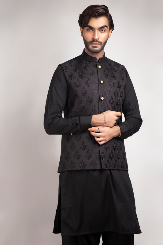 Black Self Embroidered Waist Coat For Men