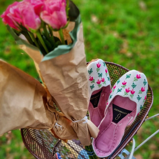 Spring Field – White Denim Loafers with Embroidered Tulips For Women