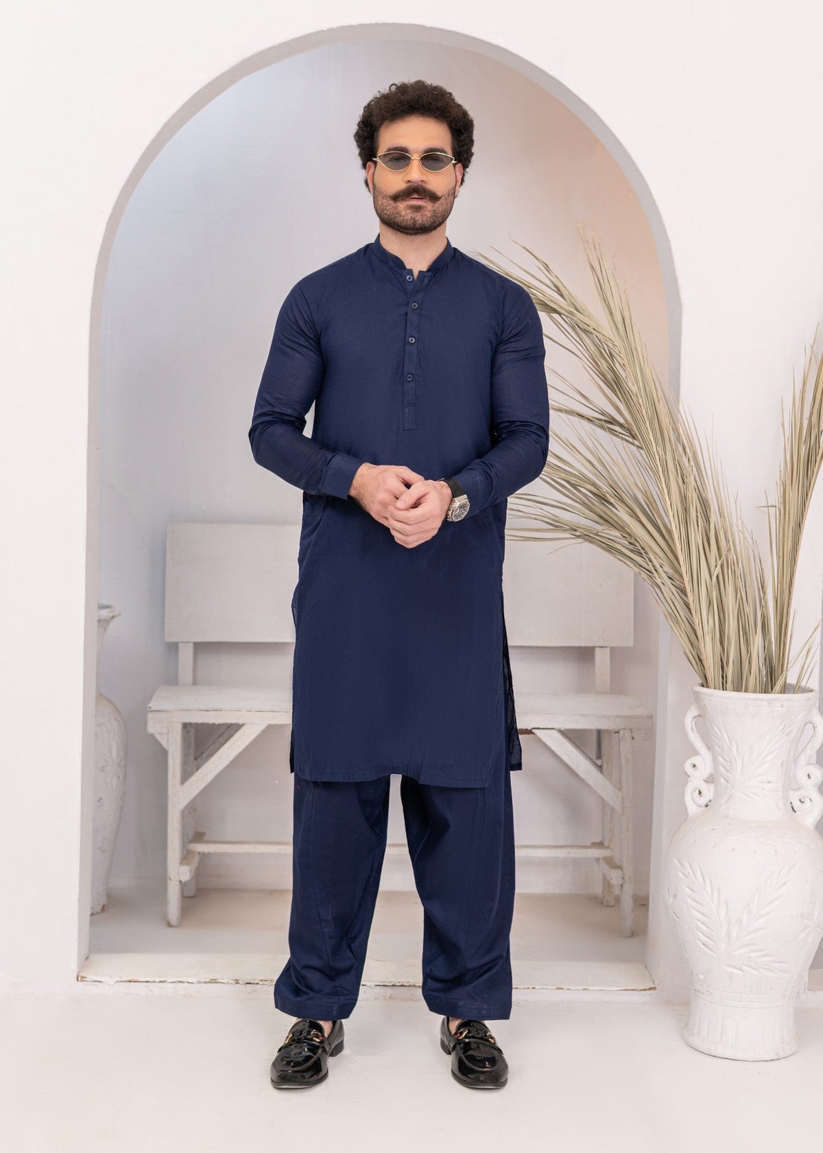 Navy Blue Cotton 2-Piece Daily Wear Suit for Men