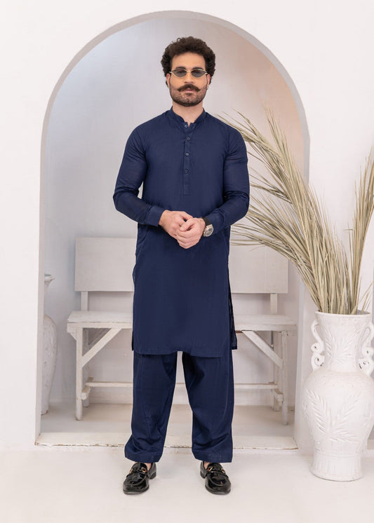 Navy Blue Cotton 2-Piece Daily Wear Suit for Men