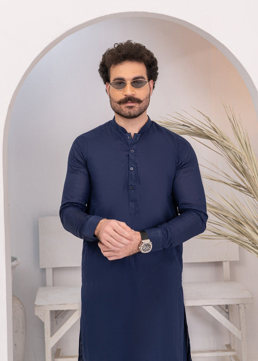 Navy Blue Cotton 2-Piece Daily Wear Suit for Men