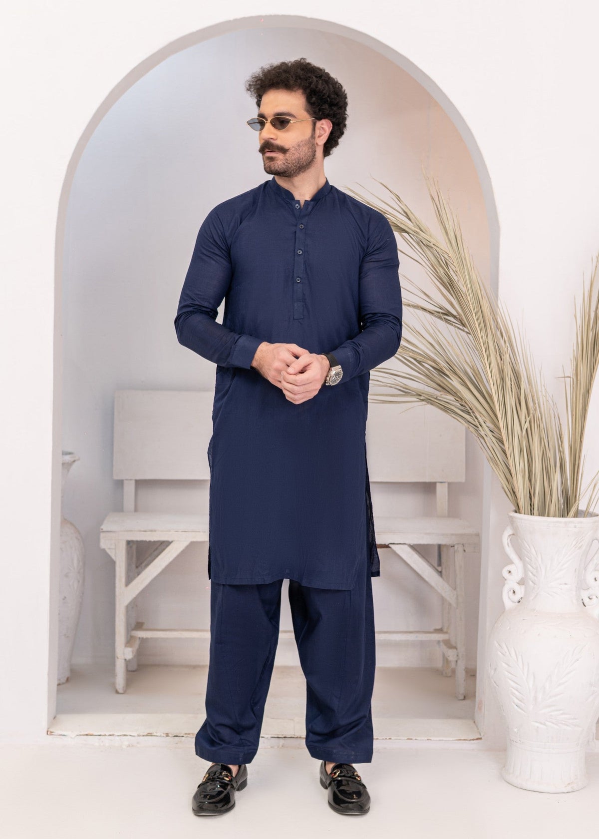 Navy Blue Cotton 2-Piece Daily Wear Suit for Men