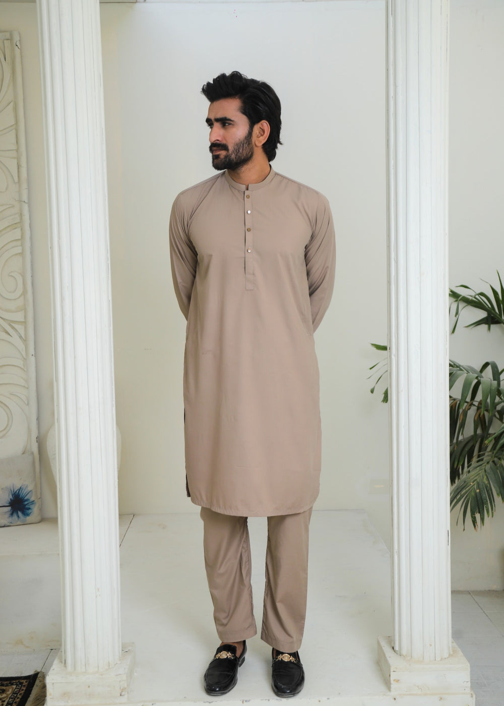 Khaki Brown Wash & Wear 2-Piece Kurta Set for Men
