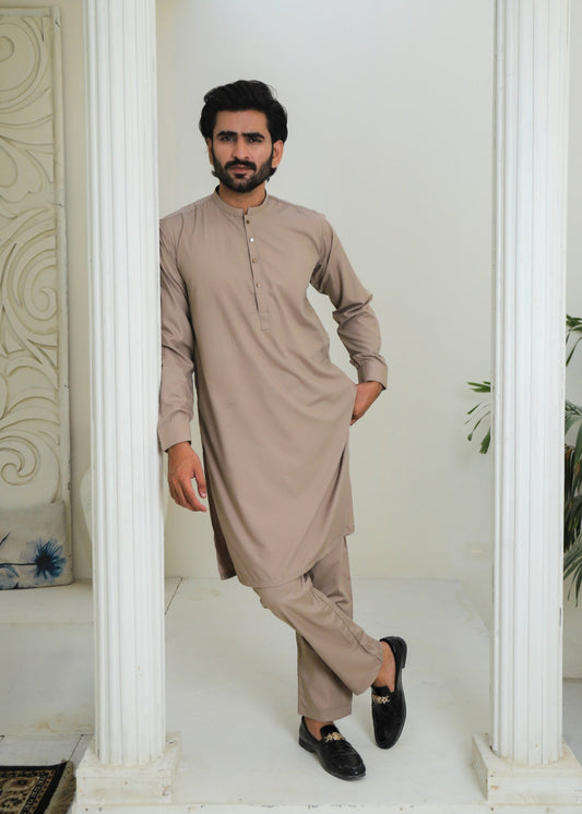 Khaki Brown Wash & Wear 2-Piece Kurta Set for Men