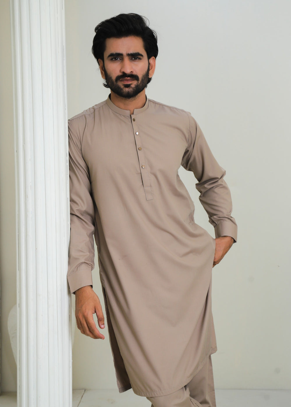 Khaki Brown Wash & Wear 2-Piece Kurta Set for Men