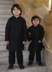 Charcoal Black Embroidered Raw Silk 2-Piece Suit for Boys