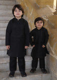 Charcoal Black Embroidered Raw Silk 2-Piece Suit for Boys