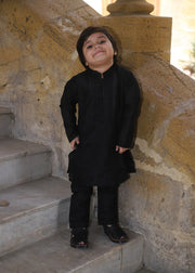 Charcoal Black Embroidered Raw Silk 2-Piece Suit for Boys