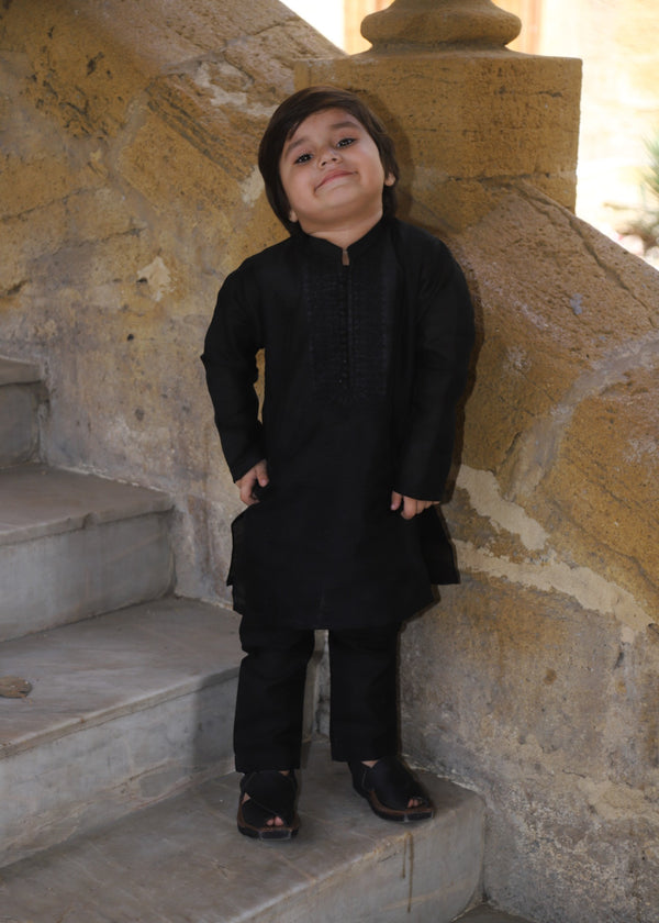Charcoal Black Embroidered Raw Silk 2-Piece Suit for Boys