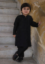 Charcoal Black Embroidered Raw Silk 2-Piece Suit for Boys
