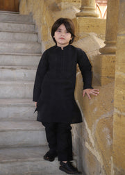 Charcoal Black Embroidered Raw Silk 2-Piece Suit for Boys