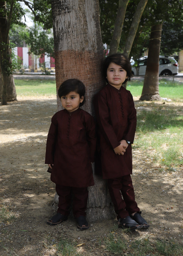 Maroon Embroidered Raw Silk 2-Piece Suit for Boys