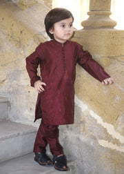 Maroon Embroidered Raw Silk 2-Piece Suit for Boys