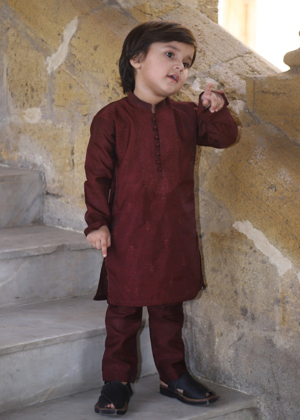 Maroon Embroidered Raw Silk 2-Piece Suit for Boys