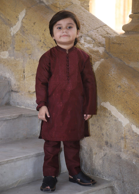 Maroon Embroidered Raw Silk 2-Piece Suit for Boys